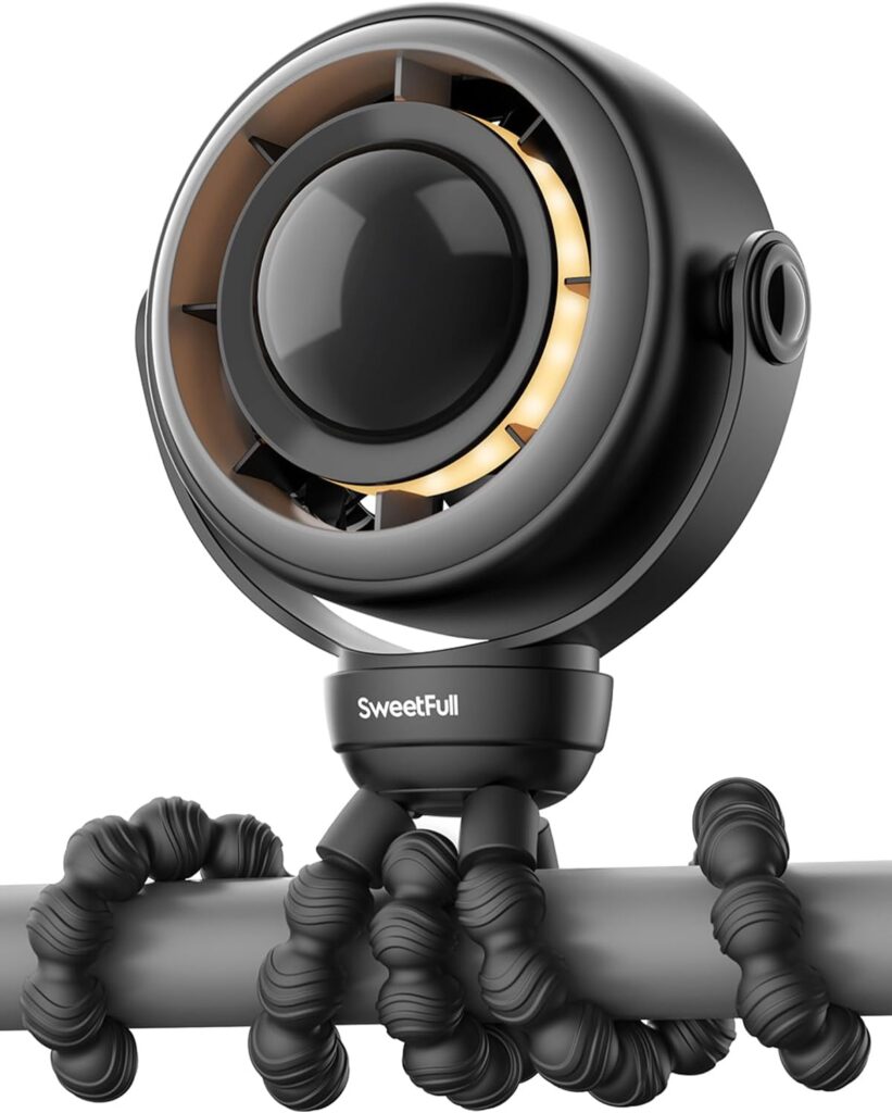 SWEETFULL Baby Stroller Fan – 4000mAh Rechargeable 4-Speed Quiet with LED Display & Night Light, Mini Portable 360° Clip On Safe Fan for Car Seat, Crib, Travel – Black