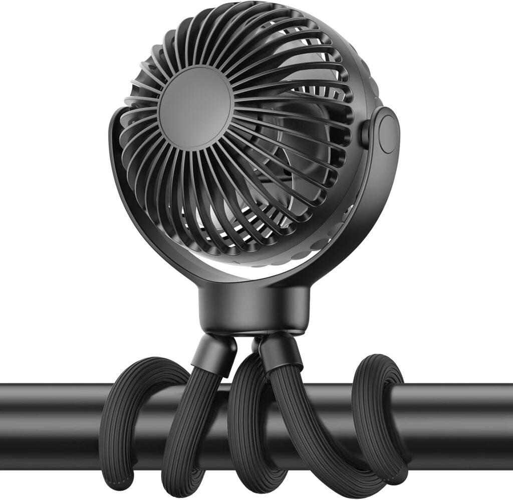 Portable Stroller Mini Fan – Flexible 3-Speed Personal Fan Clip on for Bed Sleep, Rechargeable Battery Treadmill Accessories Cooler, Newborn Summer Baby Essentials for Car Seat, Bike, Crib