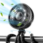 Gaiatop Baby Stroller Fan, 4000mAh Oscillating Mini Portable Fan with Light, 4 Speeds Battery Operated Small Handheld Desk Fan, 360° Rotate Flexible Tripod Clip On Fan for Car Seat Crib Travel Black