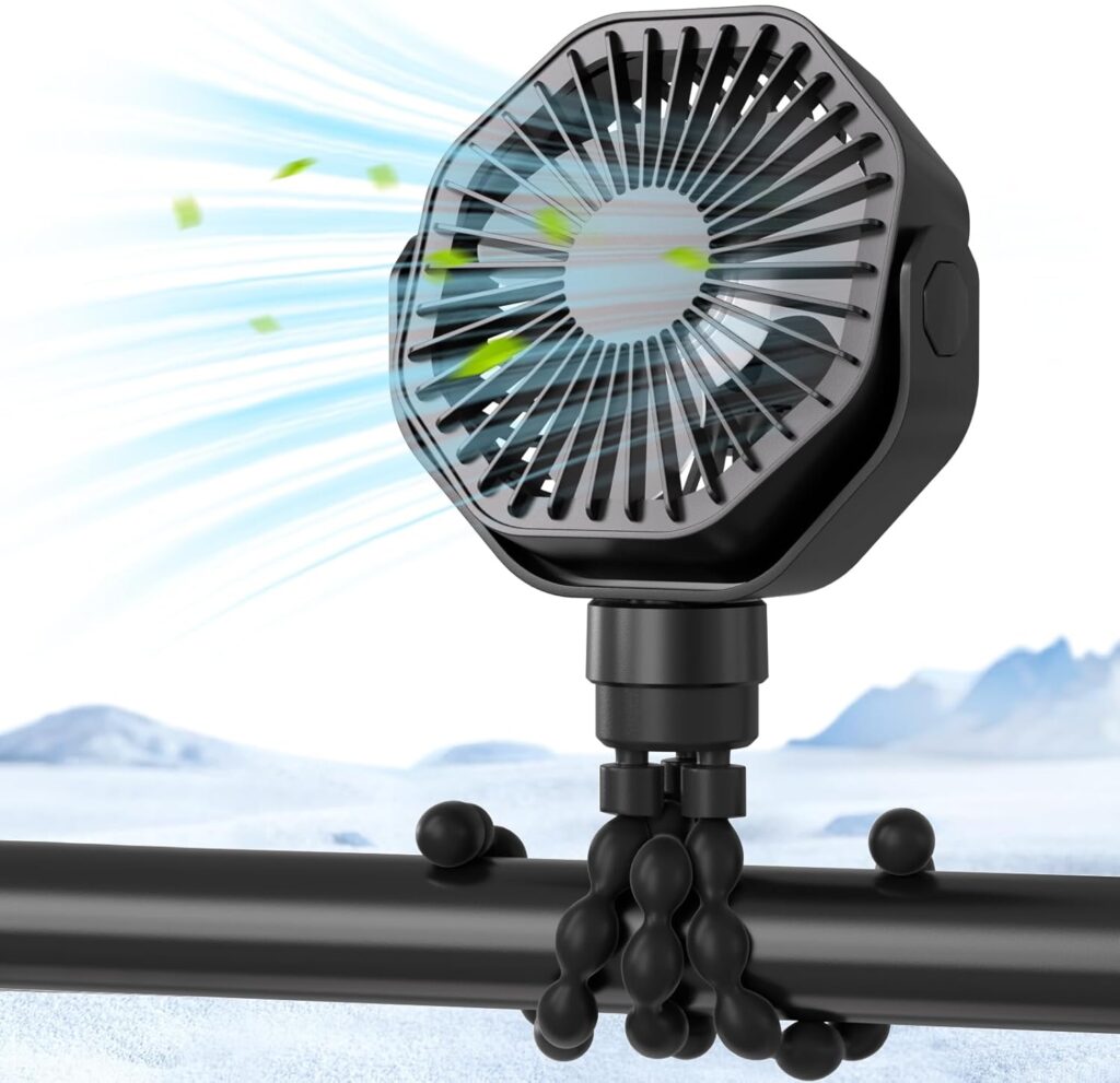 Lerat Portable Stroller Fan With Flexible Tripod, 3 Speeds Rechargeable Handheld Personal Fan, 360 Rotate Battery Operated Clip On Fans for Car Seat Crib Bike Treadmill Black