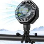 Lerat Portable Stroller Fan With Flexible Tripod, 3 Speeds Rechargeable Handheld Personal Fan, 360 Rotate Battery Operated Clip On Fans for Car Seat Crib Bike Treadmill Black