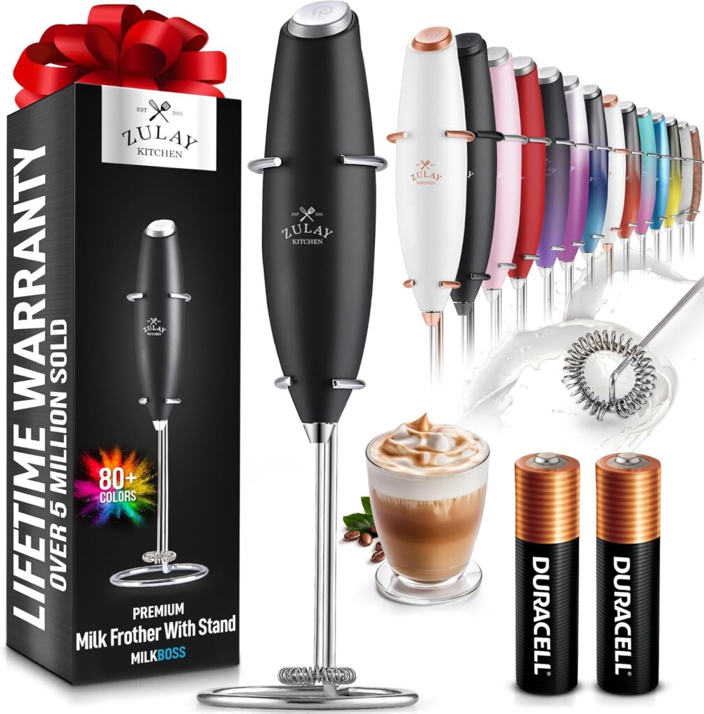 Zulay Kitchen Powerful Milk Frother Wand With 2 Duracell Batteries – Ultra Fast Handheld Drink Mixer – Electric Whisk Foam Maker for Coffee, Lattes, Cappuccino, Matcha, Hot Chocolate & Creamer – Black