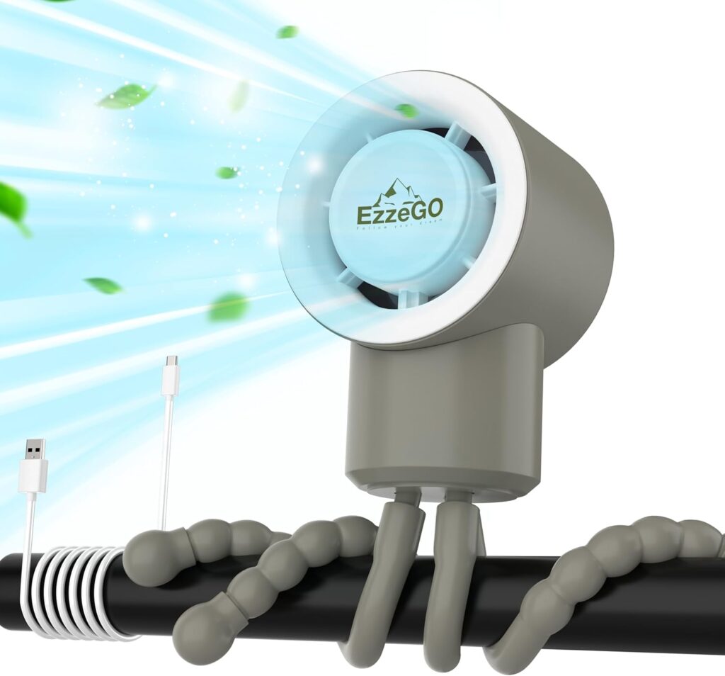 Portable Mini Travel Stroller Fan – Battery Operated, Clip On, Small, Handheld, Rotating, Rechargeable, Personal Fan with Flexible Tripod, 3 Speeds for Baby Crib, Bed Car, Seat Treadmill