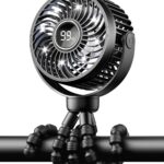 Mini Portable Stroller Fan for Travel,360° Rotation,4-Speed LED Night Light Clip on Fans Operated by Rechargeable Battery, Baby Essentials for Car Seat Beach Bed Golf Cart (Black)