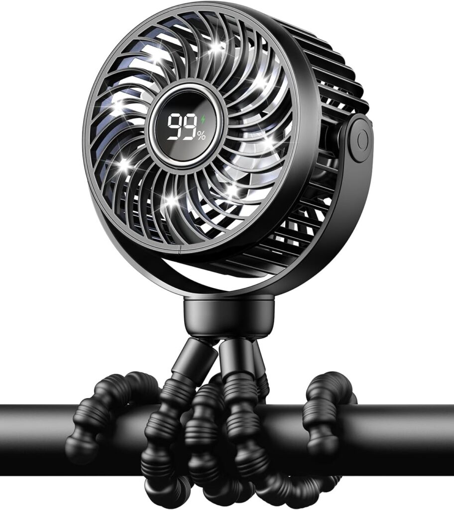 Mini Portable Stroller Fan for Travel,360° Rotation,4-Speed LED Night Light Clip on Fans Operated by Rechargeable Battery, Baby Essentials for Car Seat Beach Bed Golf Cart (Black)