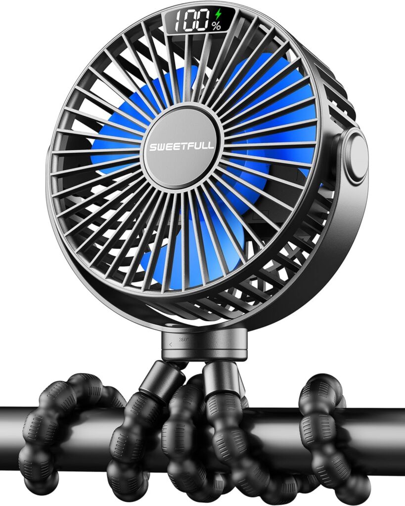 SWEETFULL Portable Stroller Fan with Display 4000mAh Battery Powered Mini Clip On Fan, 4-Speed Rechargeable Small Personal Cooling for Baby Car Seat Crib Travel – Black