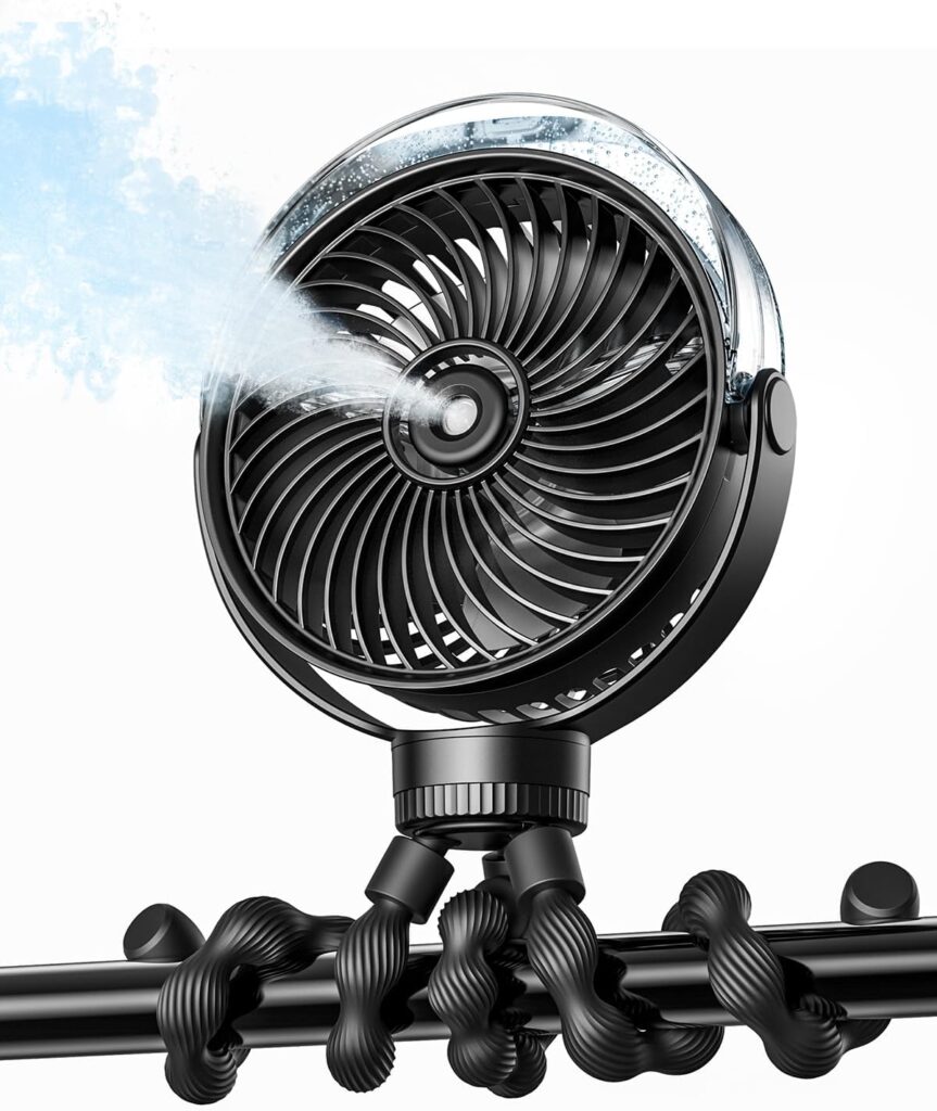 SWEETFULL Misting Stroller Fan – Portable Baby Fan with Spray Cooling, 4 Speeds, Quiet Rechargeable Fans for Travel, Outdoor, Golf Cart, Car Seat, Beach (Black)