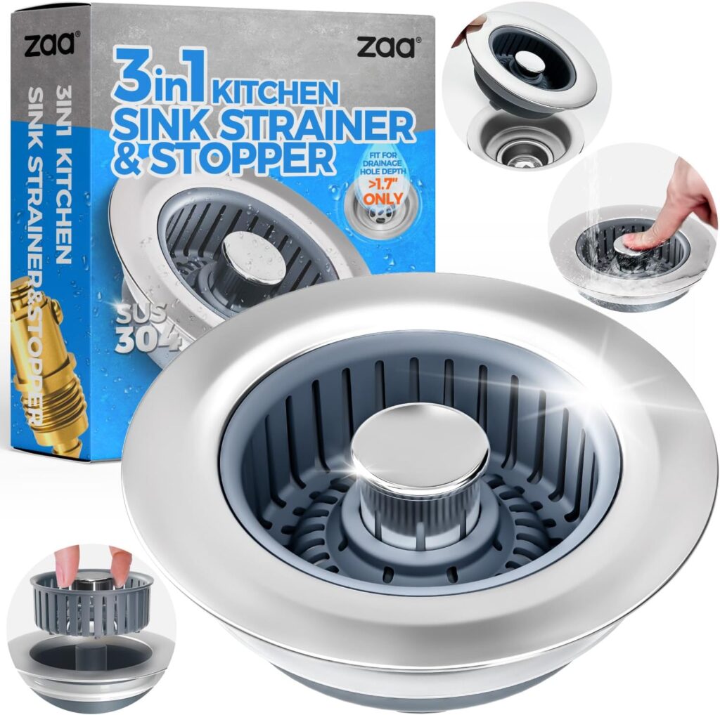 Upgraded 3in1 Kitchen Sink Drain Strainer & Sink Stopper, Stainless Steel Kitchen Drain Plug & Sink Installation Parts with Anti-Clogging Basket, Fit US Standard 3-1/2” Sink Drain Hole, Silver
