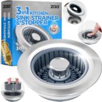 Upgraded 3in1 Kitchen Sink Drain Strainer & Sink Stopper, Stainless Steel Kitchen Drain Plug & Sink Installation Parts with Anti-Clogging Basket, Fit US Standard 3-1/2” Sink Drain Hole, Silver