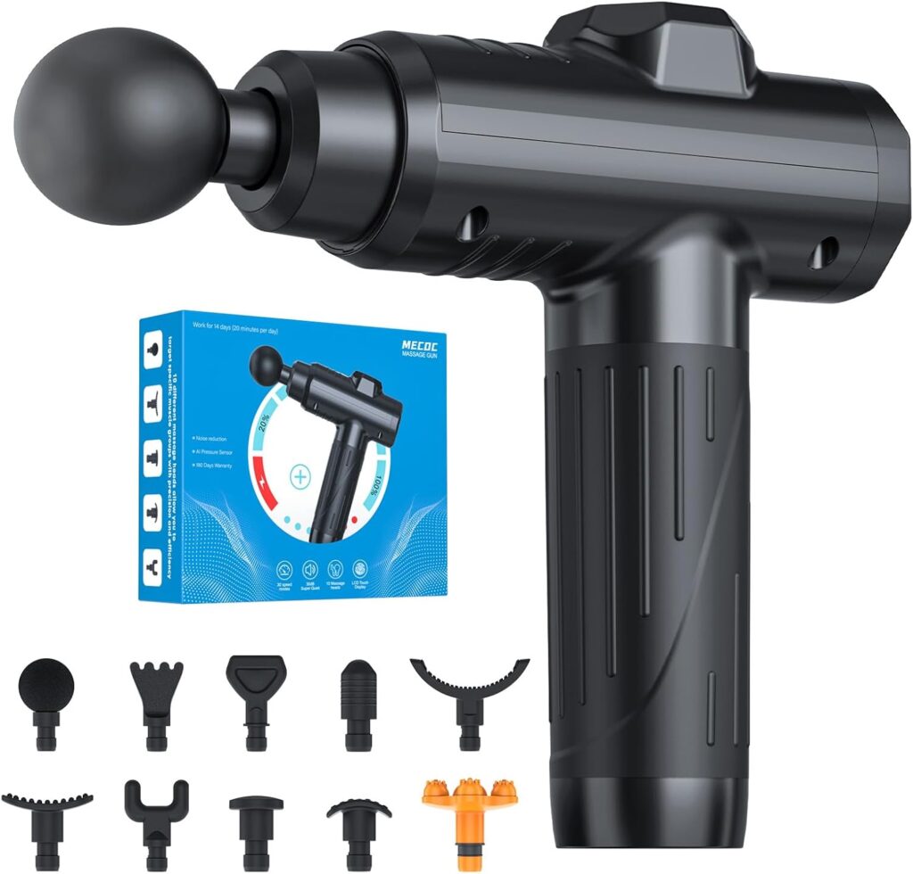 Massage Gun, Portable Deep Tissue Massage Gun for Pain Relief Super Quiet Neck Back Body, 10 Different Heads for Different Muscle Groups, 30 Speed with LCD Touch Screen