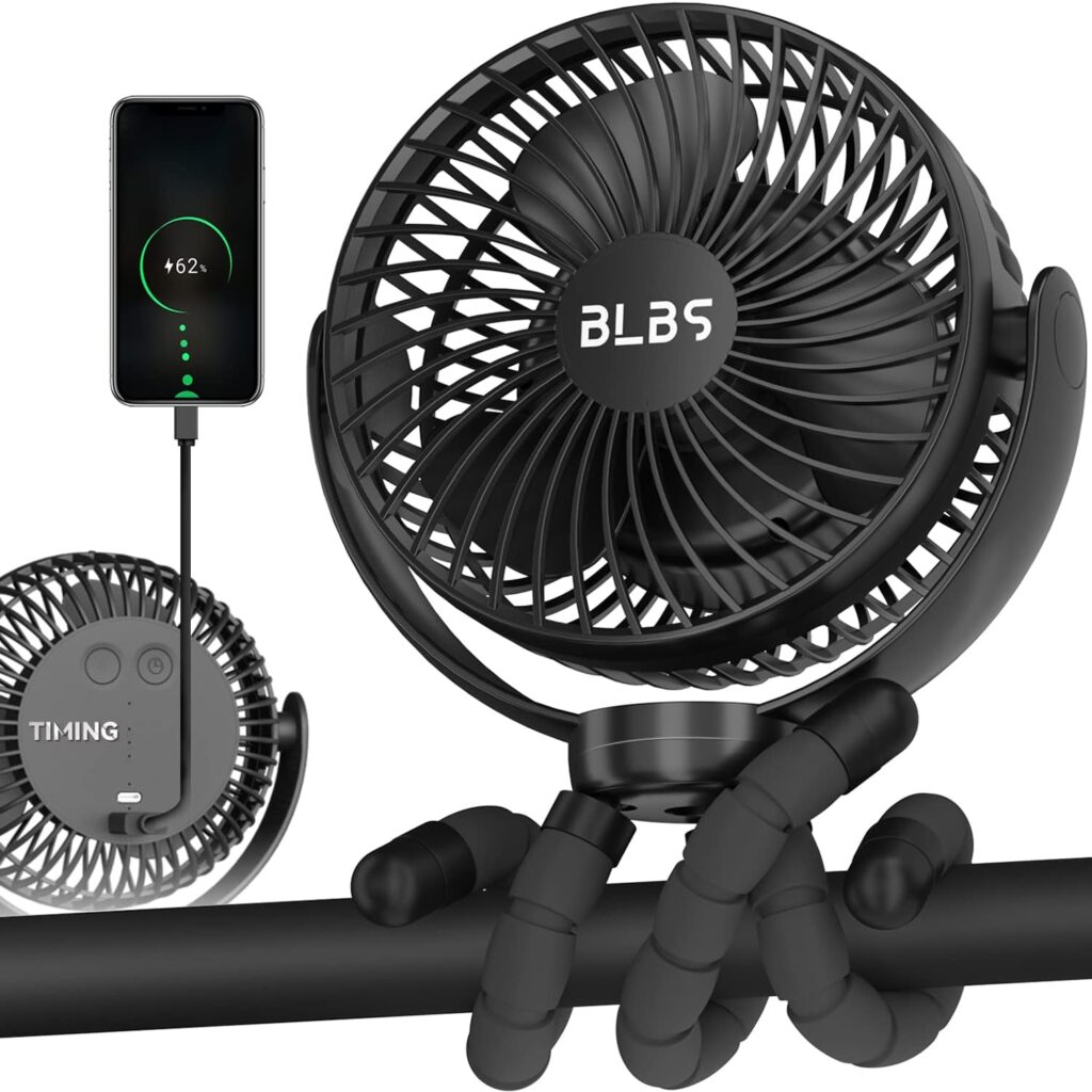 Stroller Fan – 65Hrs 12600mAh Rechargeable, Timing Car Seat, Portable Clip On Battery Operated for Baby, Peloton, Treadmill, Golf Cart, Beach, Bed, Dog