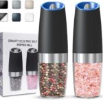 Gravity Electric Salt and Pepper Grinder set of 2, Automatic Salt And Pepper Grinder Set, Adjustable Roughness, Battery Powered, LED Light, 2 Pack, (Black)