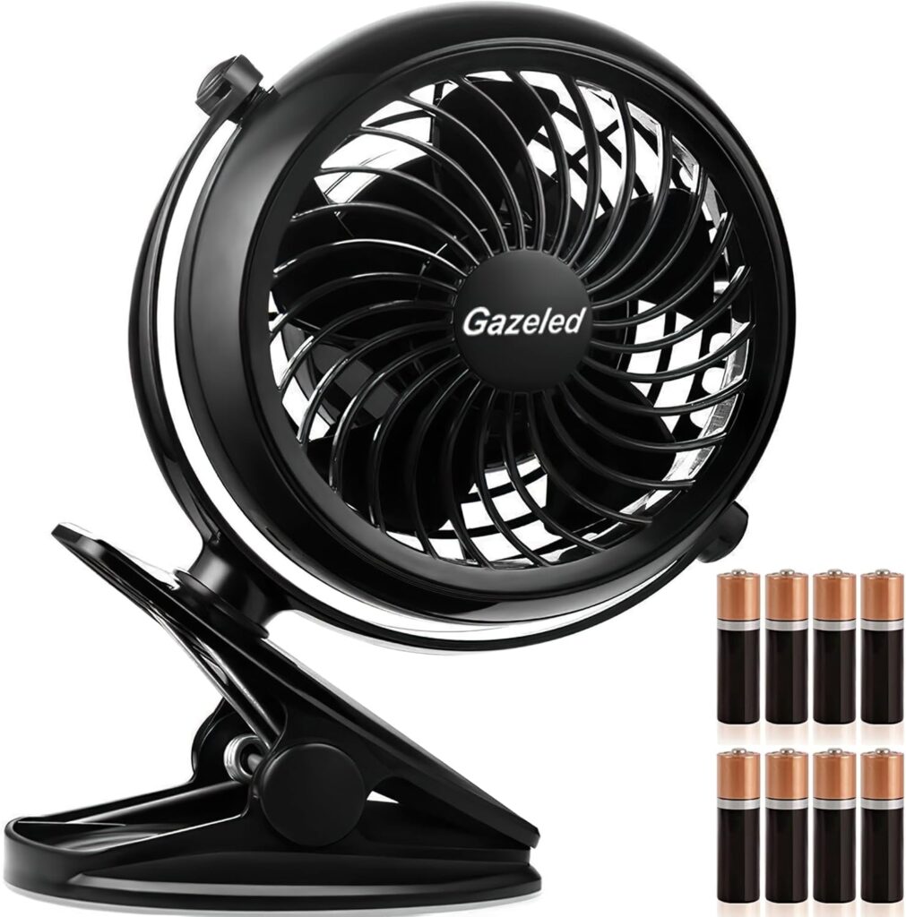 Gazeled Clip on Fan Battery Operated, 360° Rotation, with 8 Free AA Batteries, Quiet USB or Battery Operated Fan, 5” Portable Battery Powered Clip on Fans for Camping, Stroller, Bedroom, Outdoor