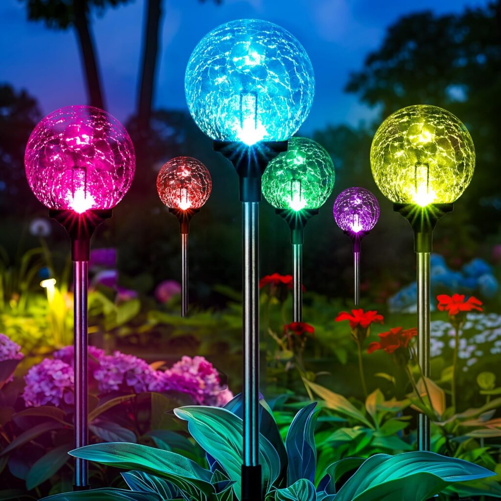 Gigalumi Solar Garden Lights 6 Pack, Outdoor Solar Lights for Yard Decorative, Solar Lights Outdoor Waterproof, Multi-Colored Changing Garden Globes Cracked Glass Ball with LED Lights