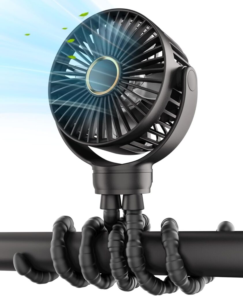 Stroller Fan: Rechargeable with TYPE-C Port, 4000mAh, 360° Rotatable, 3-Speed, Flexible Tripod, Clip Anywhere for Baby’s Comfort – Durable and Easy to Clean, Black