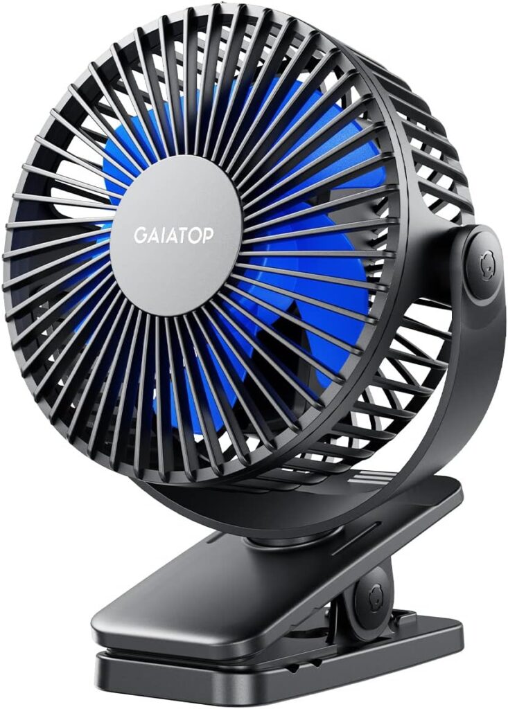 Gaiatop Portable Clip on Fan Battery Operated, Small Powerful 3 Speed Quiet 360° Rotate, USB Rechargeable Mini Personal Cooling Fan for Desk Table Home Office Stroller Camping Women Gifts Black Blue