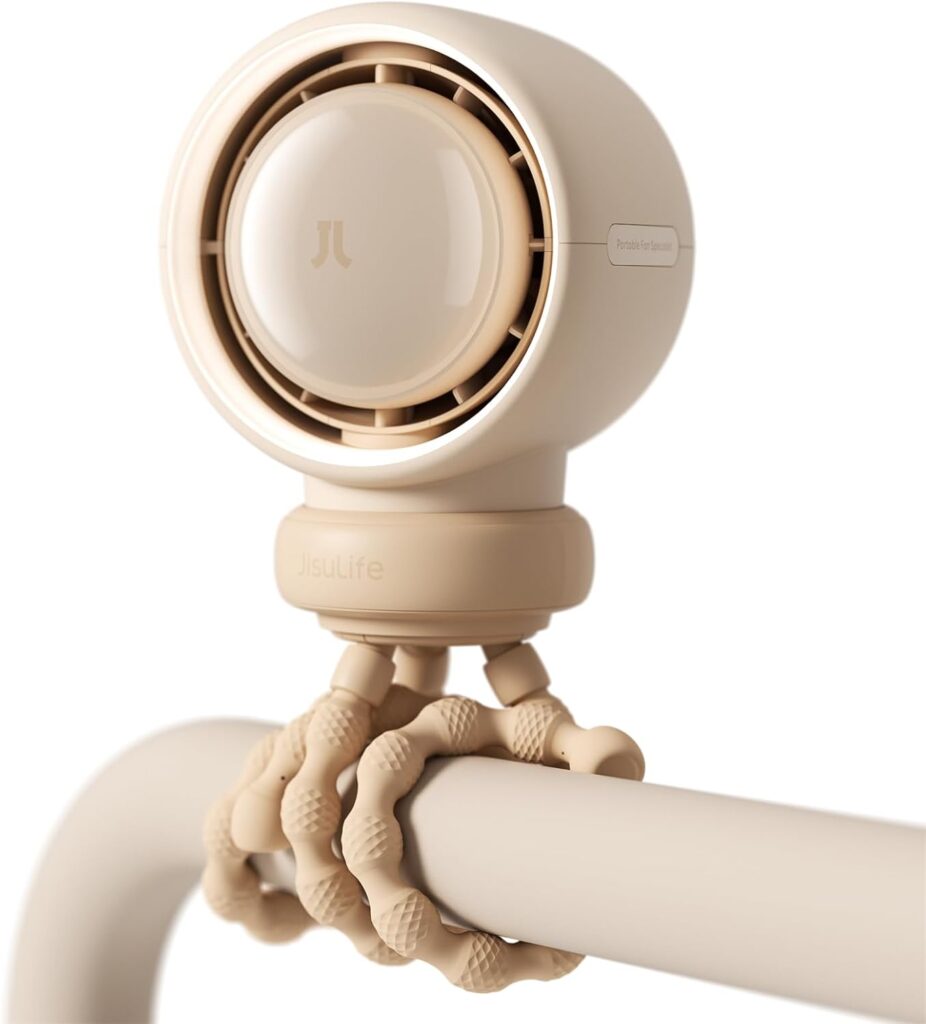 JISULIFE Stroller Fan Baby Large, Safe Bladeless for Crib, Desk, 4000mAh Battery Rechargeable Portable Cooling Fan with Air Turbo Tech, Night Light, Food-Grade Gift for Mom/Dad/Friend – Brown