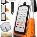 Cheese Grater with Garlic Crusher- Box Grater Vegetable Shredder with 3 Stainless Steel Blades – Graters for Kitchen- Cheese Graters with Handle – Garlic Mincer Tool and Vegetable Peeler