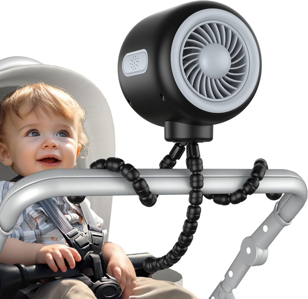 Koonie Portable Stroller Fan with Flexible Tripod, Car Seat fan Clip-on for Infant, Rechargeable Battery Operated Fan with 3 Speeds, Baby Travel Gear for Outdoor Camping, Tent, Crib, Bike, Treadmill