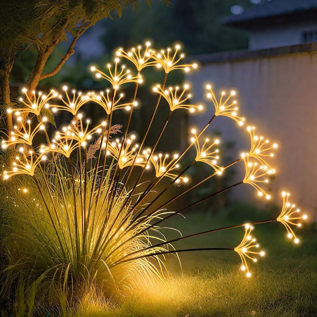 Solar Garden Lights, New Upgraded 2 Pack Solar Swaying Starburst Light, Waterproof Fireworks Outdoor Lights, Yard Patio Pathway Decoration, Warm White