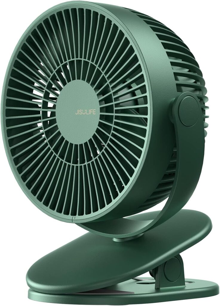 JISULIFE Clip on Baby Stroller Fan, 4000mAh Battery Operated, Portable Personal Small, Quiet & Narrow Slot Design, 4 Speeds, Max 14 Hrs, Ideal for Bed, Desk, Car Seat – Dark Green