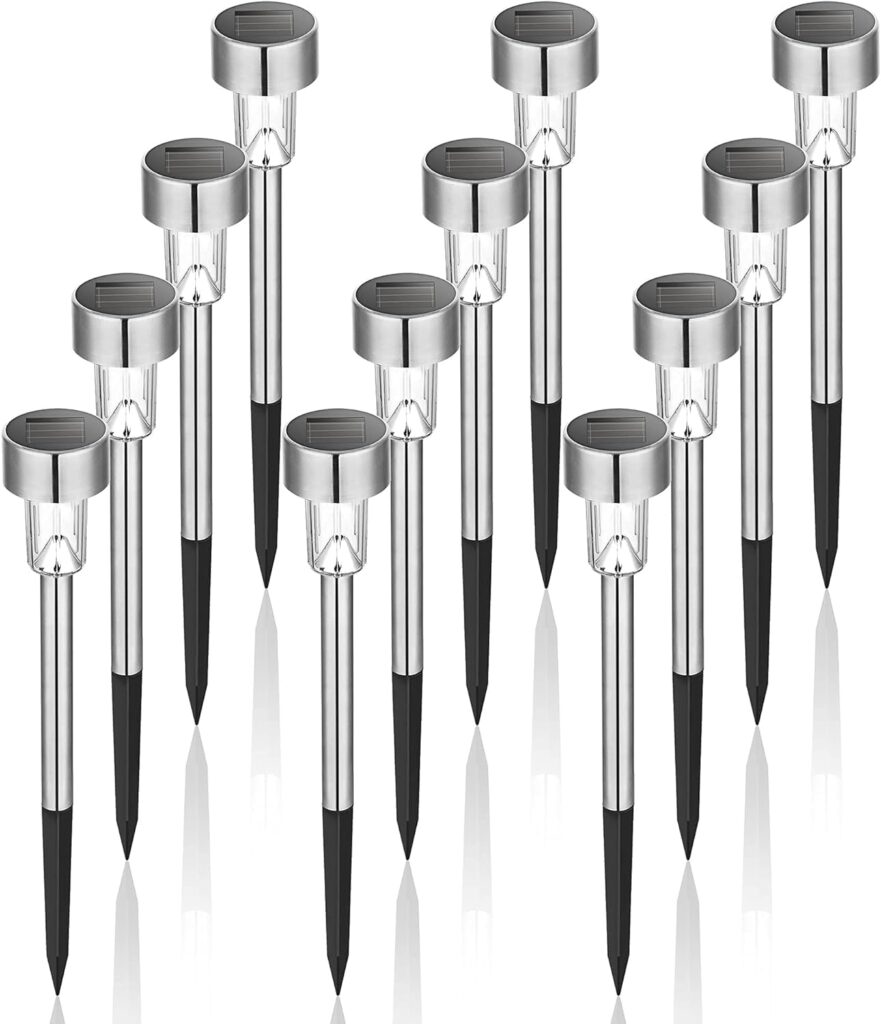 GIGALUMI Solar Lights Outdoor Waterproof, 12 Pack, Stainless Steel LED Solar Garden Lights for Patio, Lawn, Yard and Landscape, Cold White