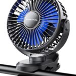 SWEETFULL Portable Clip on Fan – Battery Operated Stroller Fan, 4000mAh Small Rechargeable Fans with LED Display, 4 Speeds, Mini Personal Cooling Desk Cooler for Golf Cart Travel Camping Gym (Black)