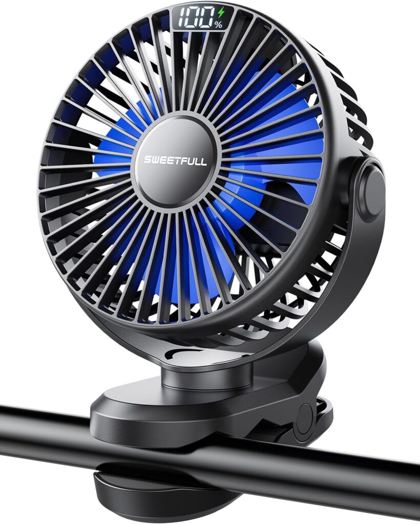SWEETFULL Portable Clip on Fan – Battery Operated Stroller Fan, 4000mAh Small Rechargeable Fans with LED Display, 4 Speeds, Mini Personal Cooling Desk Cooler for Golf Cart Travel Camping Gym (Black)