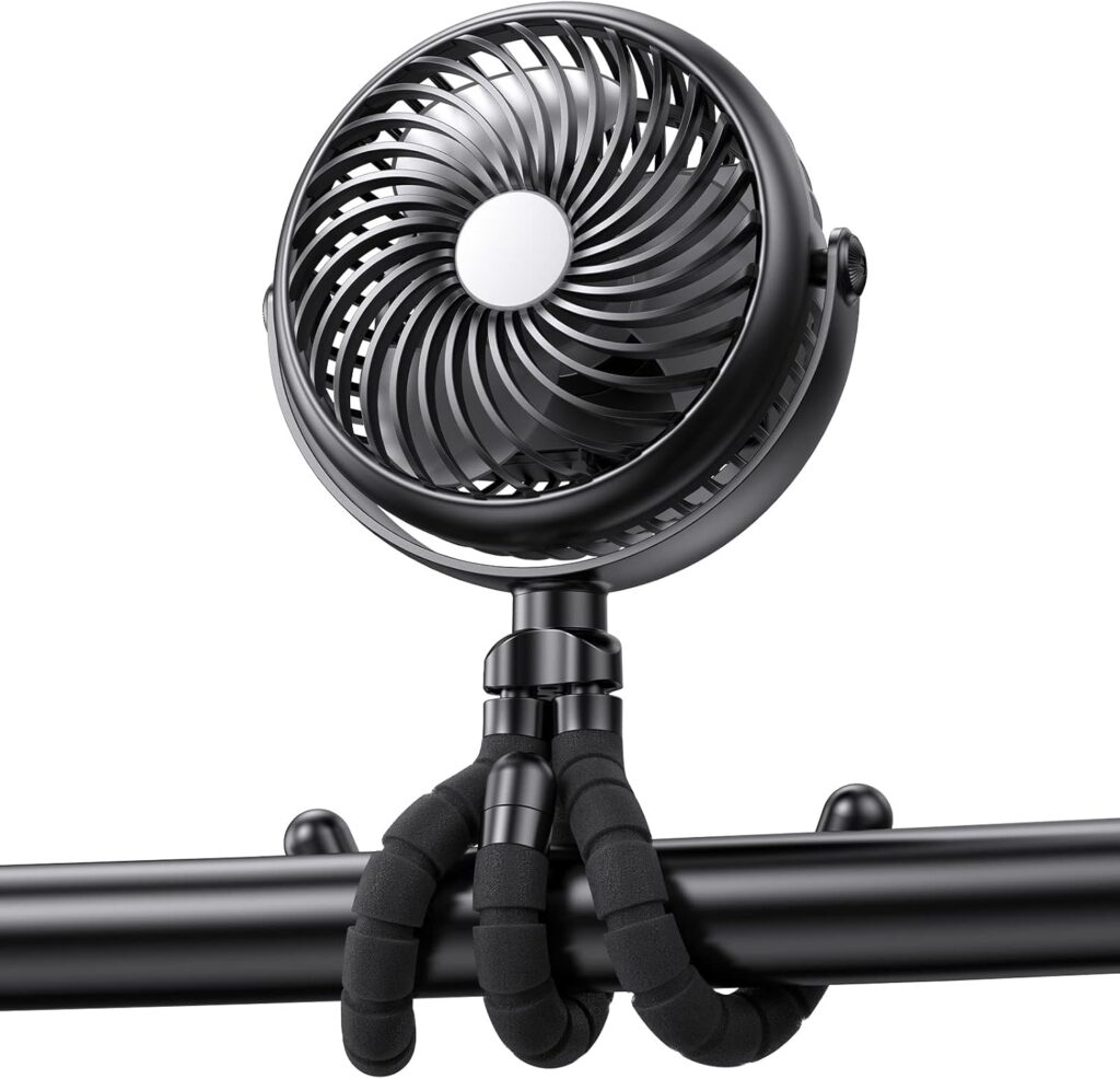 Portable Stroller Fan – 5000mAh Rechargeable Battery with Flexible Tripods, 360° Pivot, 20 Hrs Runing, Personal Fan for Cooling Outdoor Travel Beach Umbrella Wagon Crib Treadmill Car