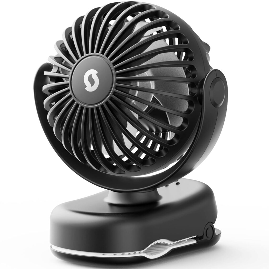 SWEETFULL Stroller Fan with Clip – Portable Mini Clip on Fan, 3 Speeds, 11Hrs Cooling, Cute Small Personal Desk Cooler for Baby Essentials, Bike Accessories, Car Seat, Umbrella, Carrier – Black