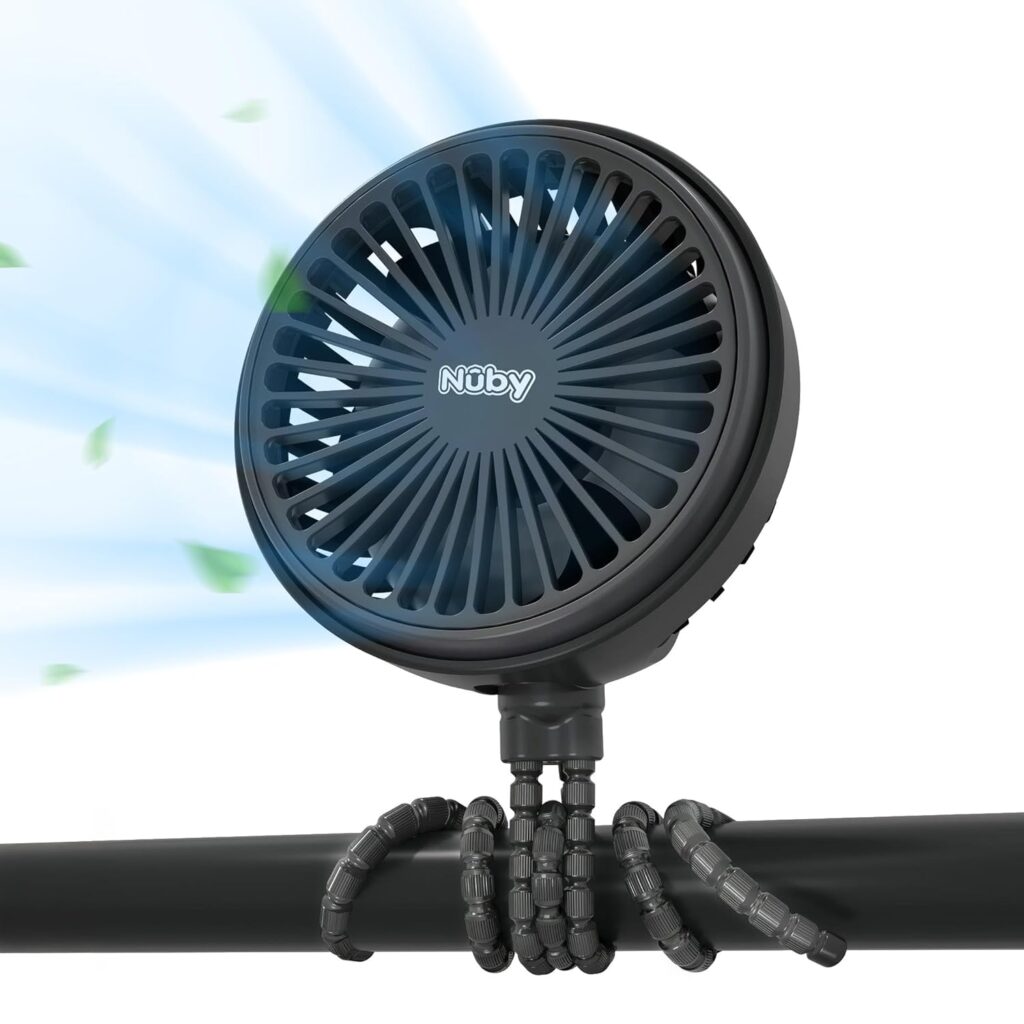 Nuby 3-Speed Stroller Fan with Adjustable Legs – Stroller Accessories – Summer Travel Essentials – Ideal for Car Seats and Play Yards – Black