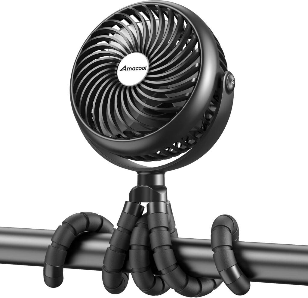 AMACOOL Baby Stroller Fan – 5000mAh Rechargeable, 3-Speed, Strong Yet Quiet, 360°Rotate Portable Clip on Fan for Travel, Car Seat, Crib, Bike, Treadmill, Beach Vacation Essentials