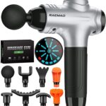 RAEMAO Massage Gun, Handheld Electric Deep Tissue Muscle Massager for Athletes for Pain Relief Attaching 8 Replacement Heads, Percussion Massager with 10 Speeds, Father’s Day Gifts, Silver