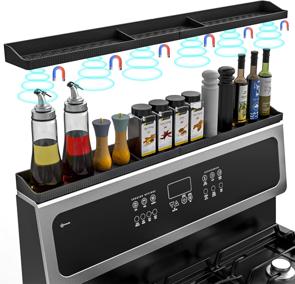 30 Inch Silicone Stove Top Shelf Magnetic for Kitchen Gadgets, Soft Flexible Strong Magnetic Heat Resistant Spice Rack Kitchen Organizer for Over Stove