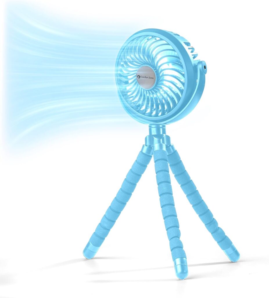 Comfort Zone Portable Stroller Fan, 3-Speed Rechargeable Clip-On with 360° Flexible Tripod, Battery Operated Cooling Fan for Strollers, Car Seats, Cribs, Treadmills, Light Blue