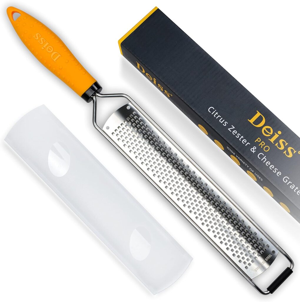 Deiss PRO Citrus Lemon Zester & Cheese Grater — Parmesan Cheese, Lemon, Ginger, Garlic, Nutmeg, Chocolate, Vegetables, Fruits – Razor-Sharp Stainless Steel Blade + Protect Cover – Dishwasher Safe