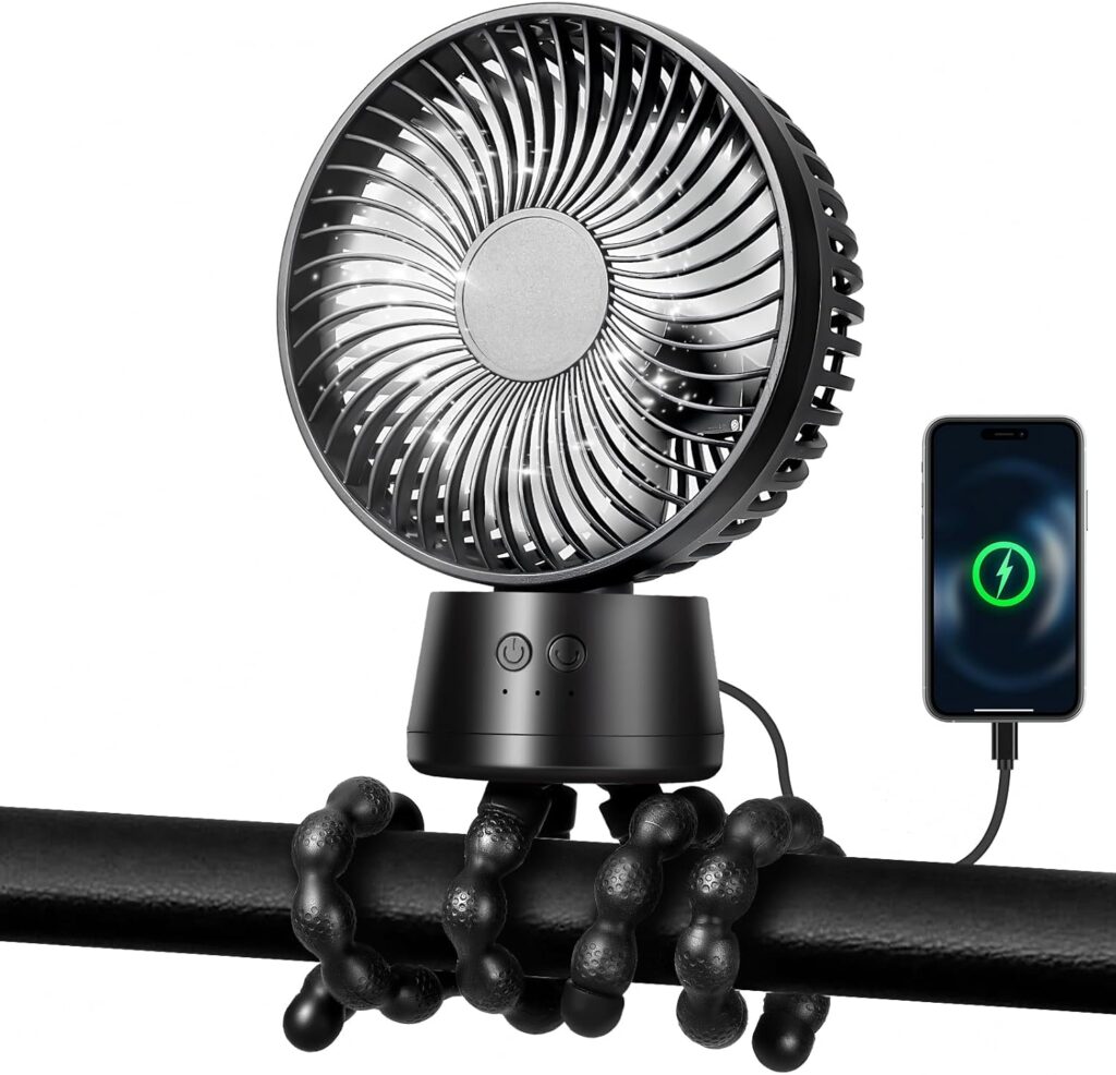 50H Portable Stroller Fan, 15000mAh Ultra-Long Battery Powered Rechargeable Personal Fans, Tripod Clip Fan with Auto Rotation,3 Speed Desk Handheld Cooling for Travel Car Seat Bedroom