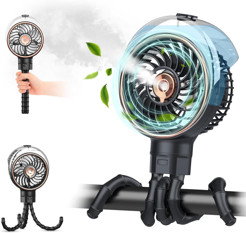 Misting Baby Stroller Fan, 100ml Portable Misting Fan for Stroller, Outdoor Clip On Fans for Baby Detachable Tripod, Handheld Fans, Desk Fans, Cooling Fanes for Treadmill, Car, Travel, Work