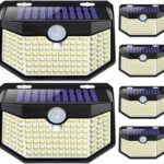 HMCITY 120 LED Outdoor Solar Lights with Motion Sensor and 3 Lighting Modes, IP65 Waterproof Wide Solar Wall Lights Ideal for Garden Patio Yard (Front Button 6Packs, Daylight White)