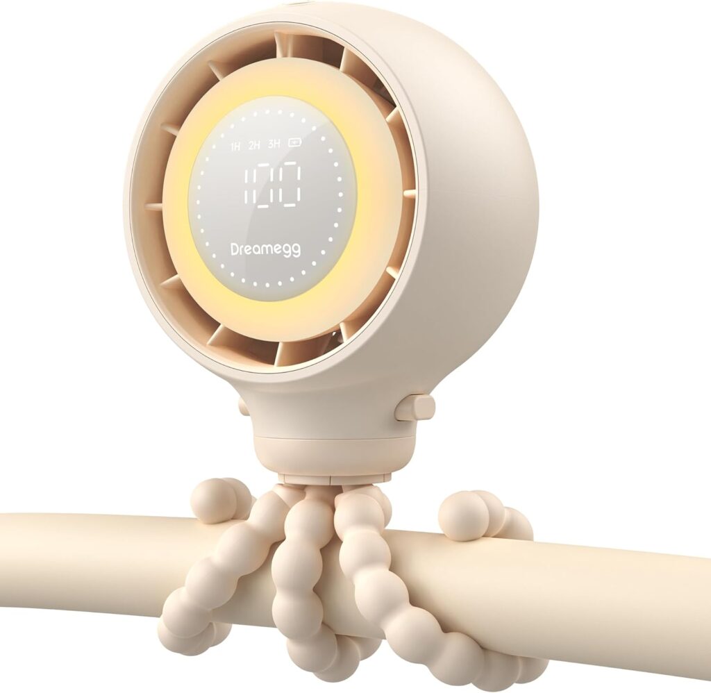 Dreamegg Portable Stroller Fan – 4000mAh Rechargeable Baby Stroller Fan With LED Display, Night Light, Hidden Blade, Detachable 4 Speed 360°Rotate, Handheld Cooling for Crib,Travel, Car Seat, Bedroom