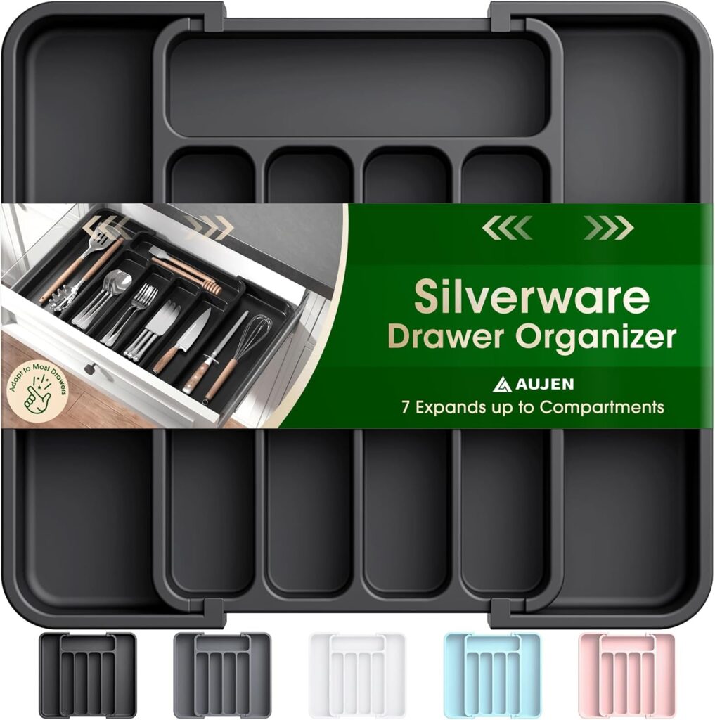 Aujen Silverware Organizer – Expandable Kitchen Drawer Organizer, Adjustable Utensil Organizer, Cutlery Tray for Forks, Knives, Multipurpose Kitchen Organizers and Storage Solution, Black, Medium