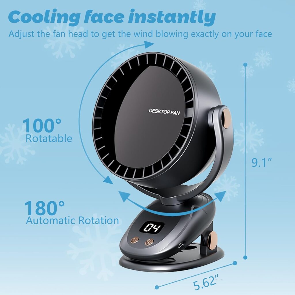 Small Desk Fan, 4-in-1 Portable Fan for Bedroom, 6 Speeds, 100° Vertical Tilt & 180° Rotation, Clip Table Fans with Type-C Rechargeable for Stroller, Home, Kitchen, Camping,Travel, Office, Outdoor