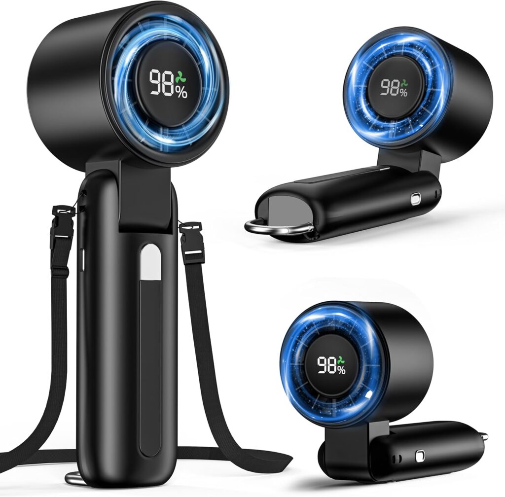 4 in 1 Handheld Portable Turbo Fan, 180° Foldable 6-Speed (1-100) Mini Fan, 5000mAh Rechargeable Battery Operated up to 15 Working Hours, LED Display Personal Cooling for Travel Indoor Outdoor