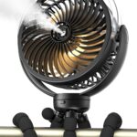 Misting Stroller Fan, 6000mAh Battery Operated Portable Fan with Light & 360° Pivoting, Personal Fans with Flexible Tripod for Baby, Office, Travel,Treadmill,Outdoors