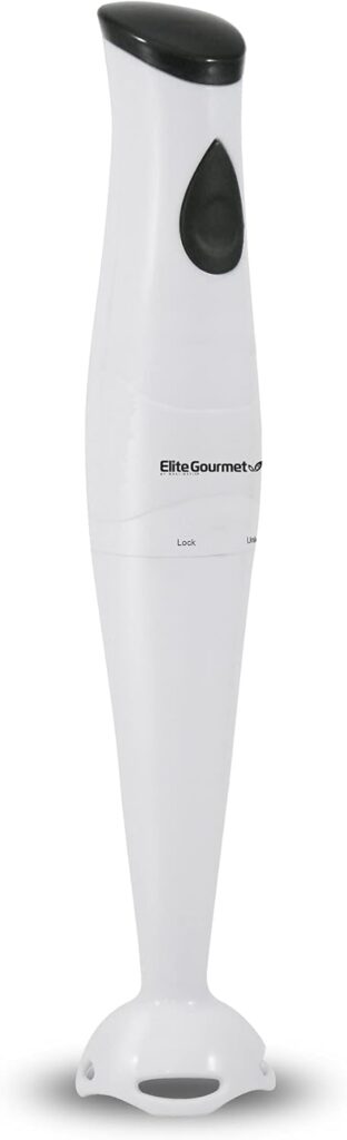 Elite Gourmet EHB2400W Electric Immersion Hand Blender, Mixer, Chopper, 1-Touch Control Multi Purpose Electric Immersion Stick, Mixer, Chopper, 150 Watts, For Soups, Sauces, Baby Food, White