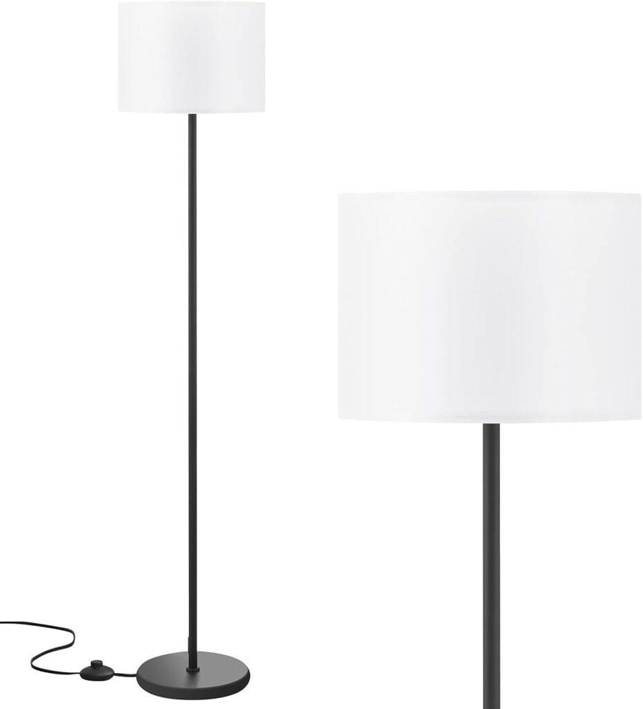 Modern Floor Lamp Simple Design with White Shade, Foot Pedal Switch, 60″ Small Tall Lamps for Living Room Bedroom Office Dining Room Kitchen, Black Pole Lamp(Without Bulb)