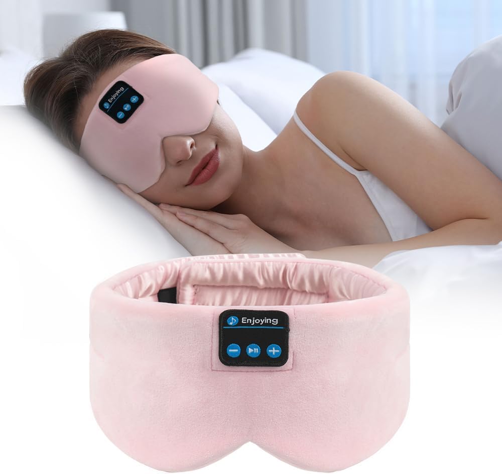 Soft Sleep Eye Mask Bluetooth Headband Wireless Headphones, SYPVRY Adjustable Sleep Mask for Sleeping Meditation Insomnia Night Mask Music Eye Cover for Side Sleepers Airplane Travel, Pink