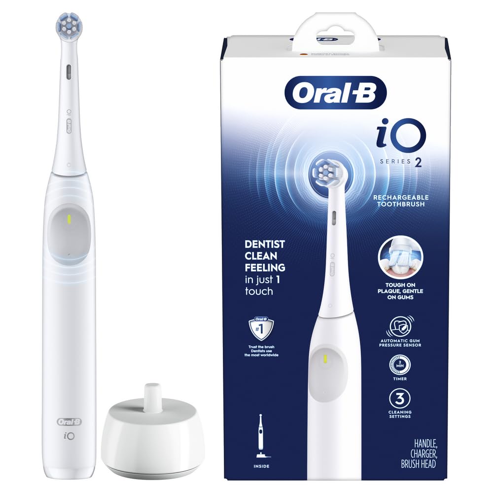 Oral-B iO Series 2 Rechargeable Electric Powered Toothbrush, Pure White with 1 Gentle Care Brush Head – Automatic Pressure Sensor to Protect Gums – 3 Modes – 2 Min Timer
