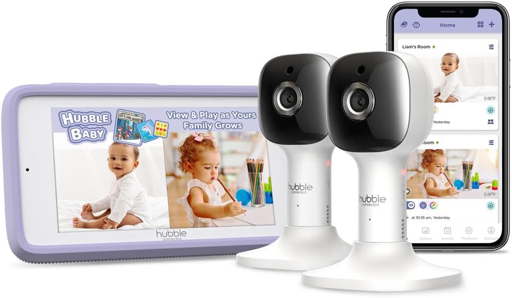 HUBBLE CONNECTED Nursery Pal Cloud Touch Twin Smart WiFi Enabled Baby Monitor with 2 Cameras, 5 Inch HD Color Touchscreen Parent Unit, Plus Preloaded Soothing Sounds, Lullabies, and Stories, White