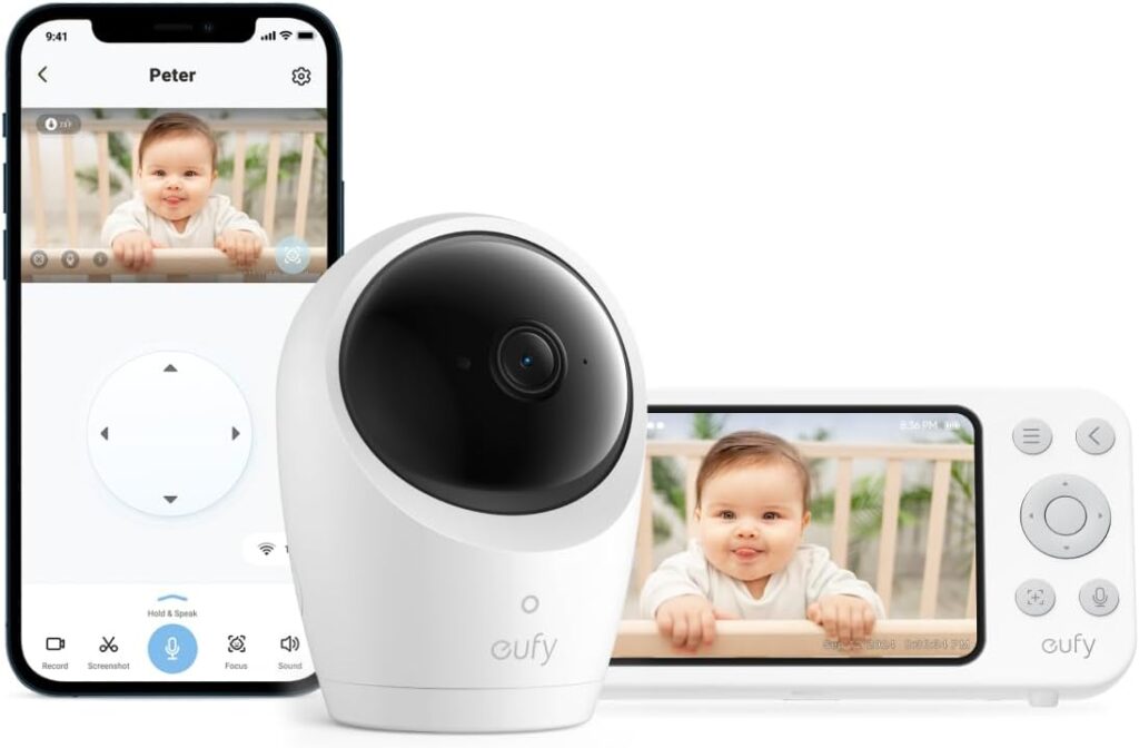 eufy Baby Monitor E20, 2K Resolution, 5” 720p Display, Hybrid Connection, Wi-Fi & No Wi-Fi Control, Pan-Tilt, 4× Zoom, Night Vision, Built-in Battery Camera, ANR, Smart Alerts, 24/7 Recording